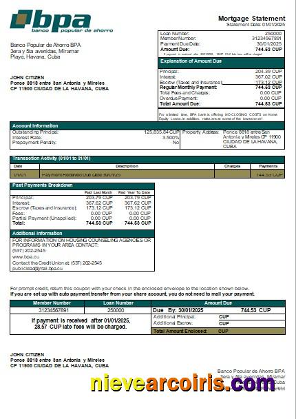 Cuba Banco Popular de Ahorro BPA bank mortgage statement